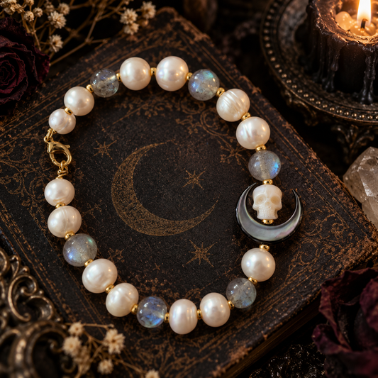 Labradorite Pearl Skull Crescent Bracelet