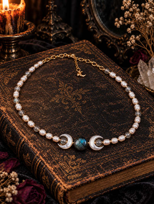 Lunar Pearl & Labradorite Crescent Necklace