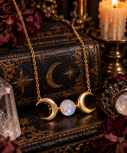 Golden Triple Moonstone Crescent Necklace