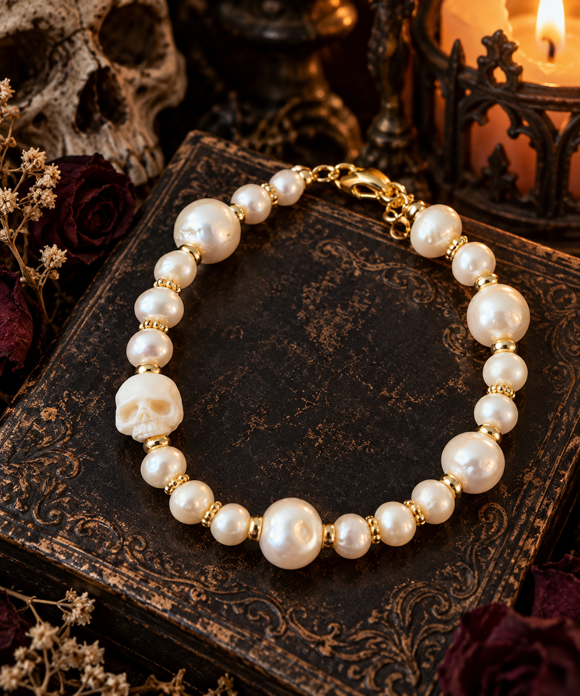 Pearl Skull Charm Bracelet